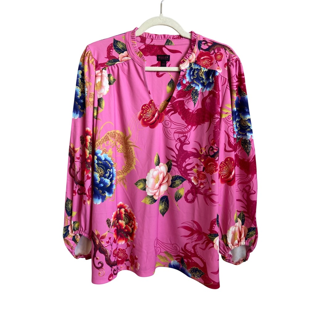 Mally Roncal Pink Dragon Floral Chinoiserie Split Neck Ruffle Blouse Large